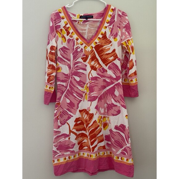 BARBARA ERICKSON $154 Stretch Vibrant Floral Vacation pink Casual Dress Size L - Picture 1 of 8